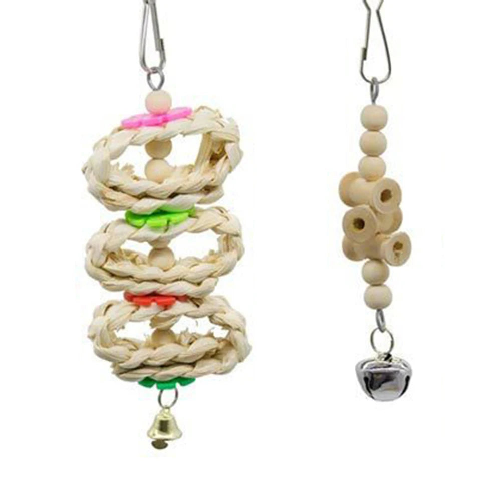 Random Bell 8PCS Bird Toys for Parakeets, Parrot Swing Chewing Hanging Standing Wooden Toys Bird Cage Accessories