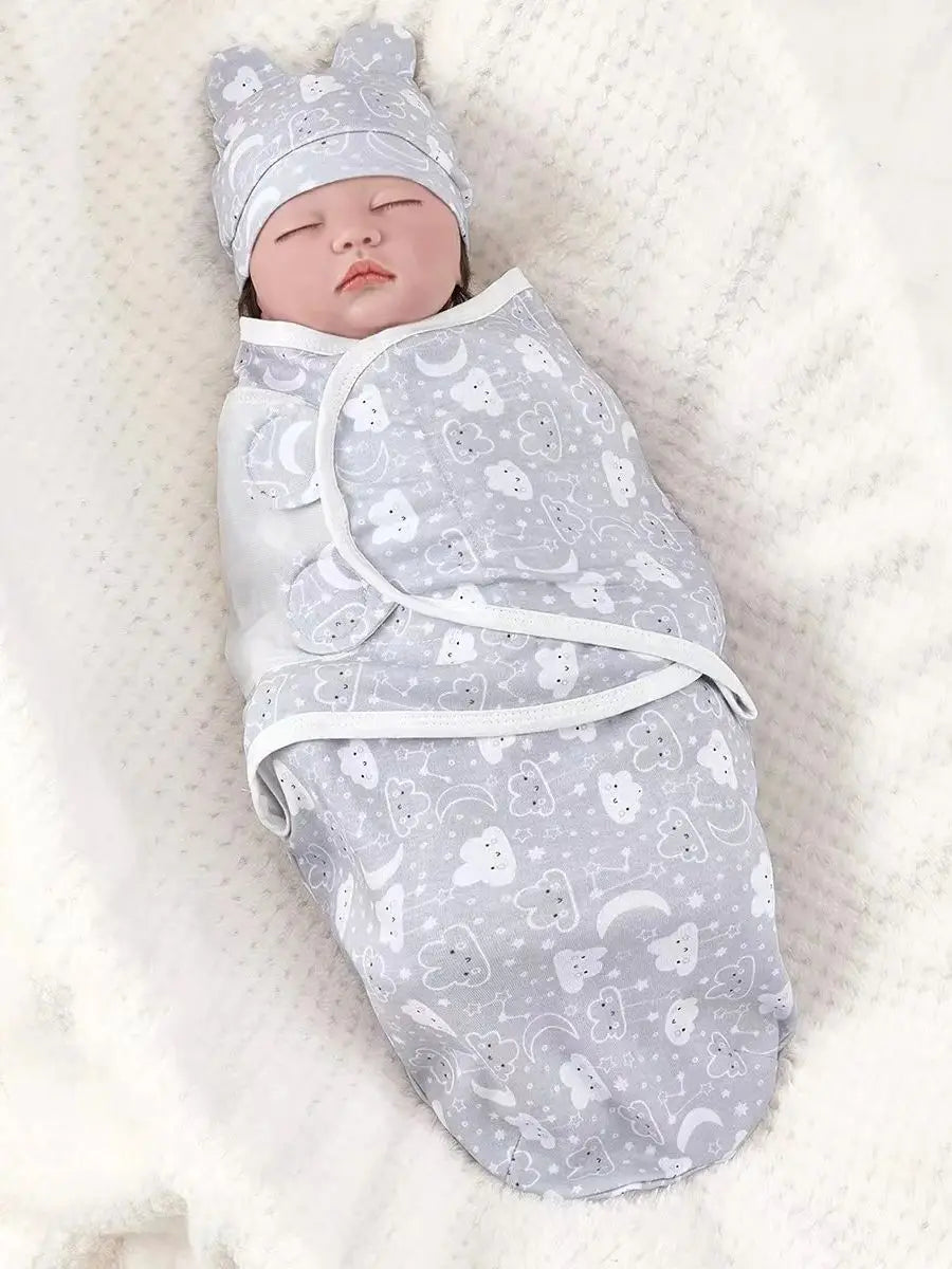 Baby Blanket Hat Set Cartoon Printed Cotton Newborn Swaddle Adjustable Infant Sleeping Swaddle Wraps All Seasons 0-6 Months