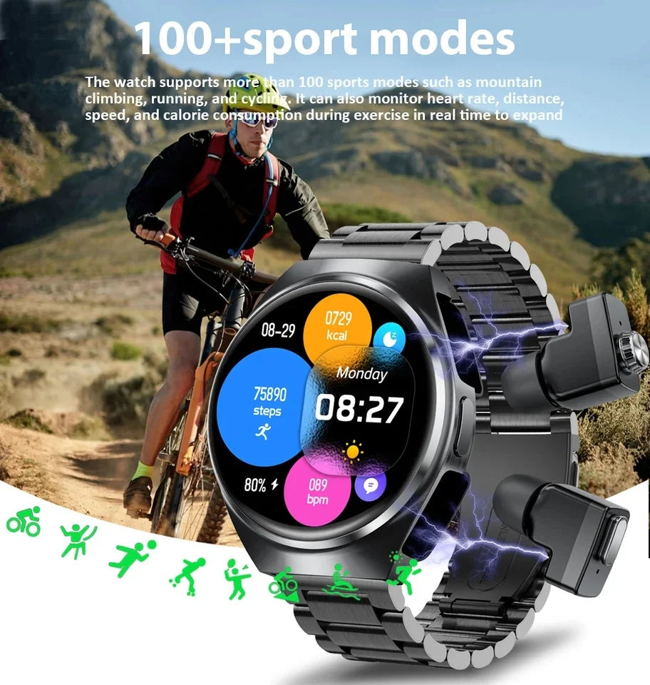 2026 New Man Smart Watch TWS Headset Two In One Wireless Bluetooth Dual Earbuds Call Health Monitor Sport Tracker NFC Smartwatch