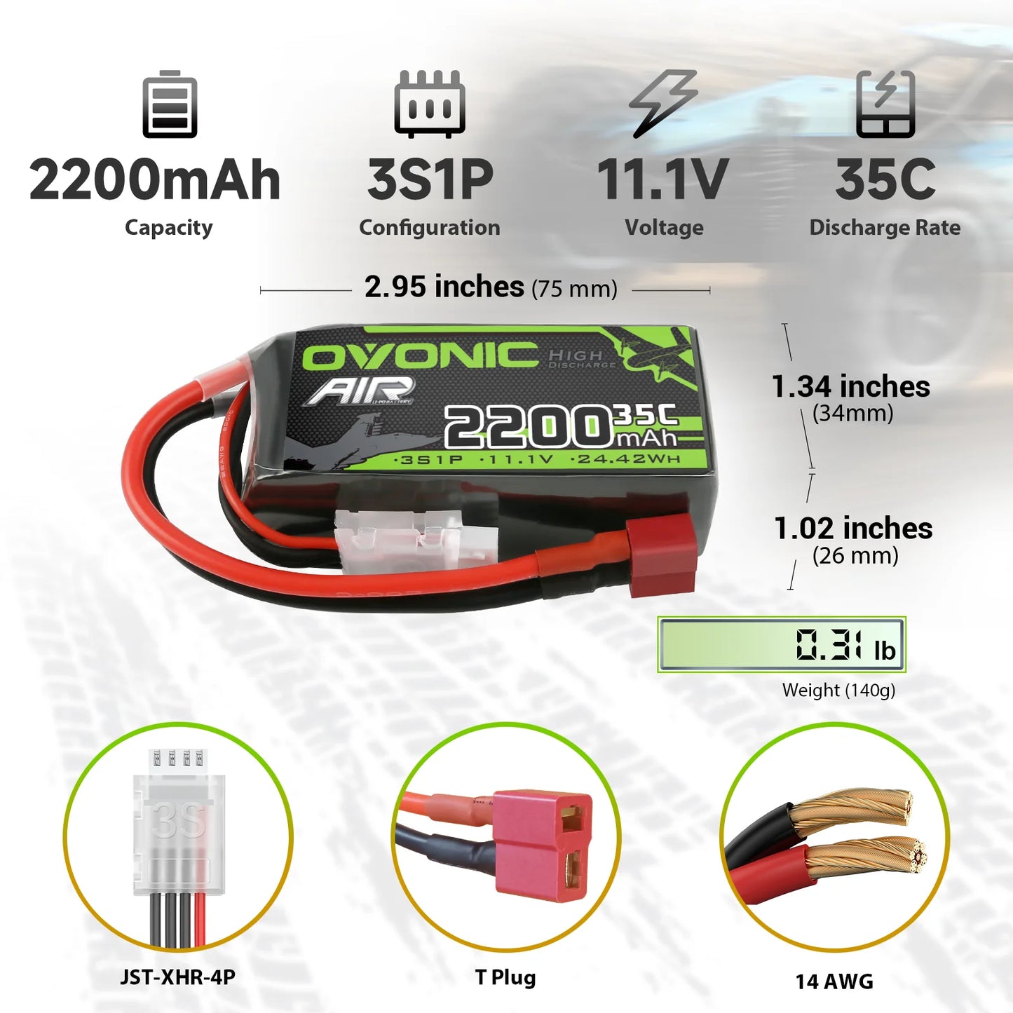 OVONIC 3S 2200mAh 11.1V 35C Shorty LiPo Battery XT60/T-Plug for RC 1/14 Cars Planes Helicopters (2 Pack)