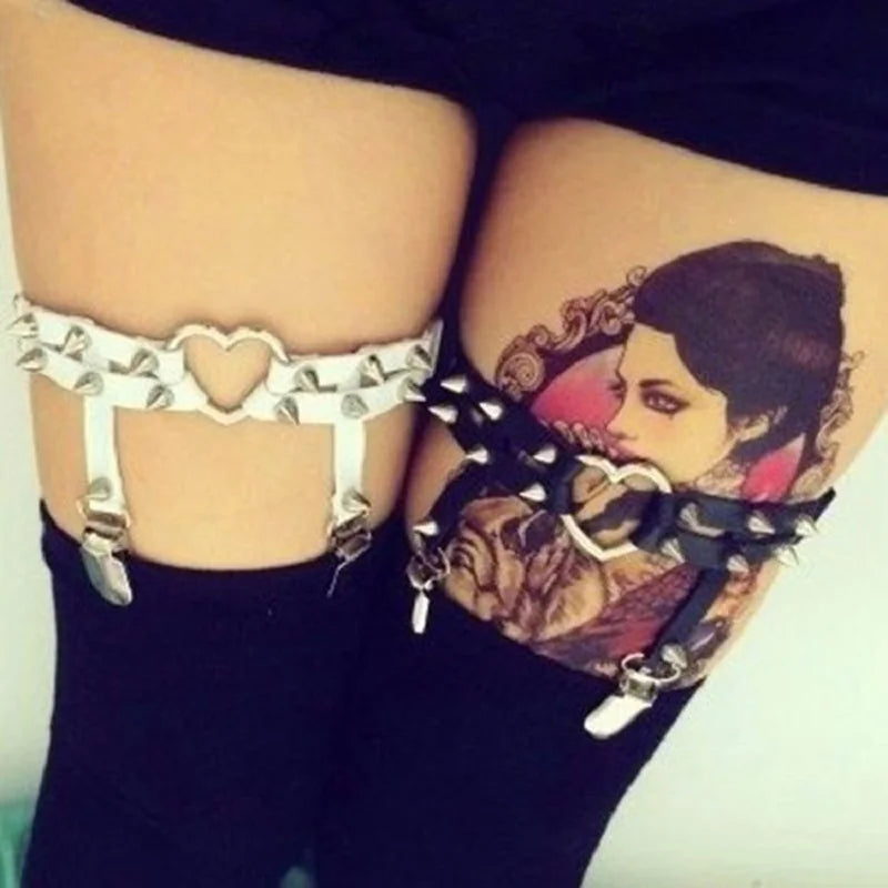 Punk Sexy Spike Garter Belt Rock Rivet Elastic Suspender Belt 2 Clips Harajuku Gothic Goth Studded Women Leglet Stockings Garter