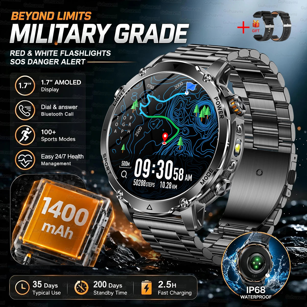 New 1400mAh Big Battery Smart Watch Men Outdoor GPS Flashlight IP68 Waterproof Bluetooth Call AMOLED Military Sports Smartwatch