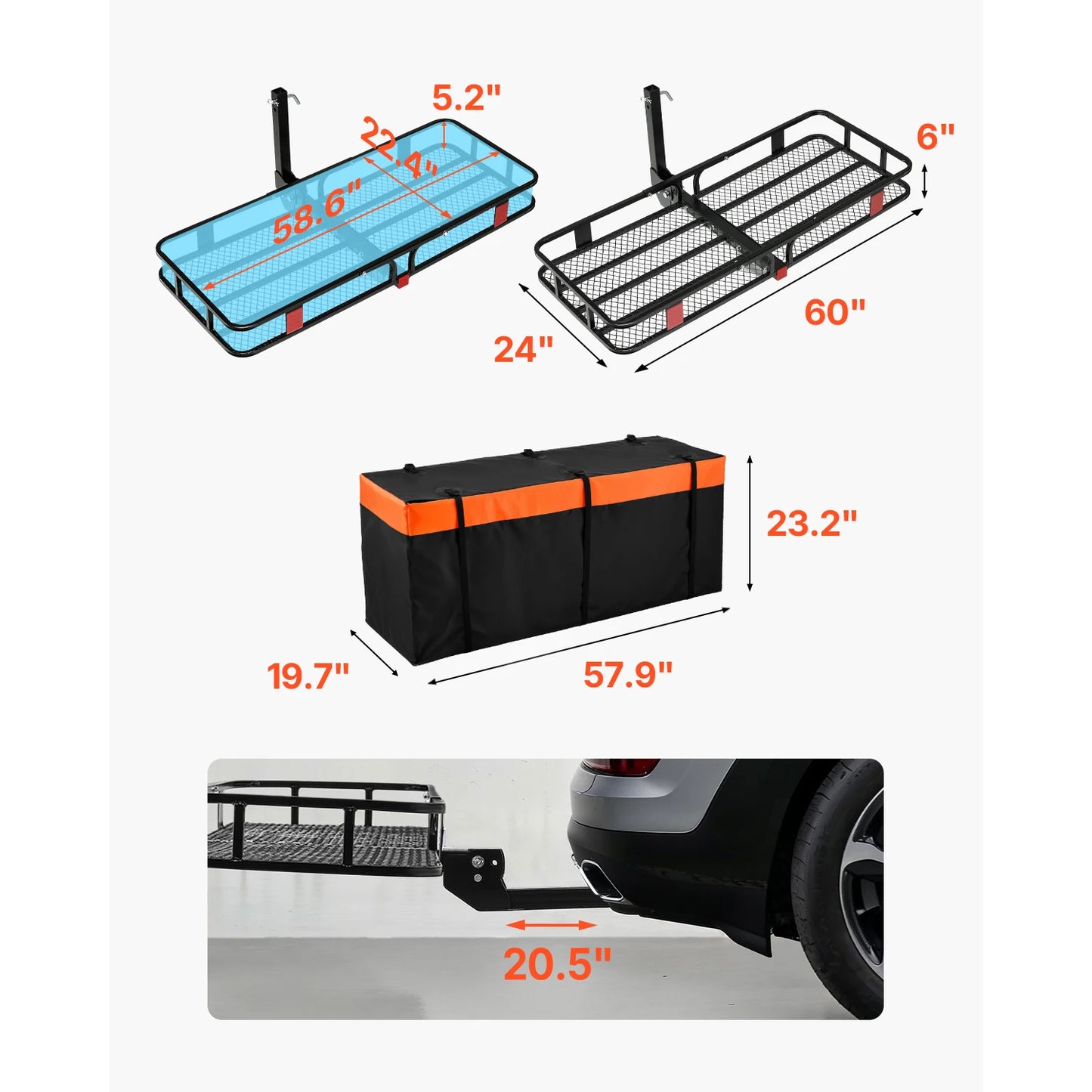 SucceBuy 500lbs Capacity Hitch Cargo Carrier with Cargo Net&Waterproof Cargo Bag, Folding Hitch Mount Cargo Carrier Fit for SUVs