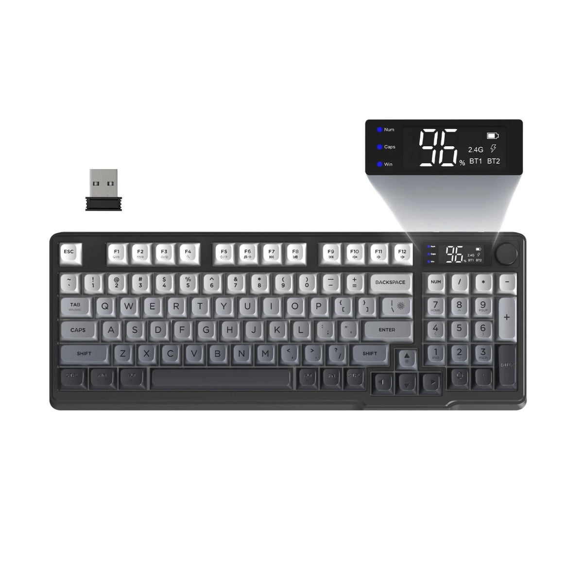 Freewolf M96 Wireless Gaming Keyboard, Knob Control BT/2.4g, RGB LED Backlight Display, Pbt Keycap, 3000mah Battery, Us Layout