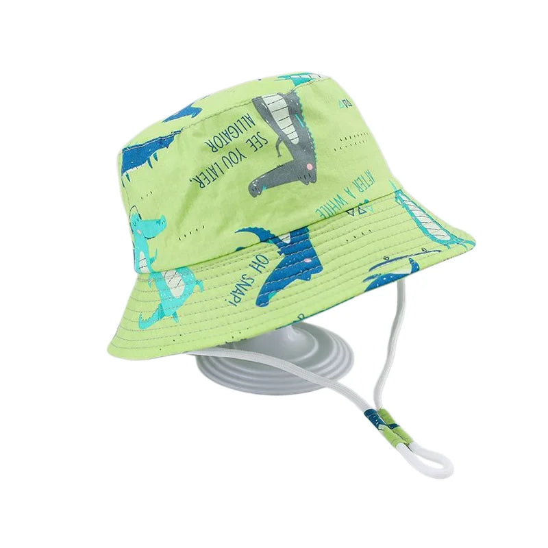 New Summer Baby Hat Cartoon Print Wide Brim Fisherman Hat for Boys Girls Adjustable Chin Strap Infant Beach Cap