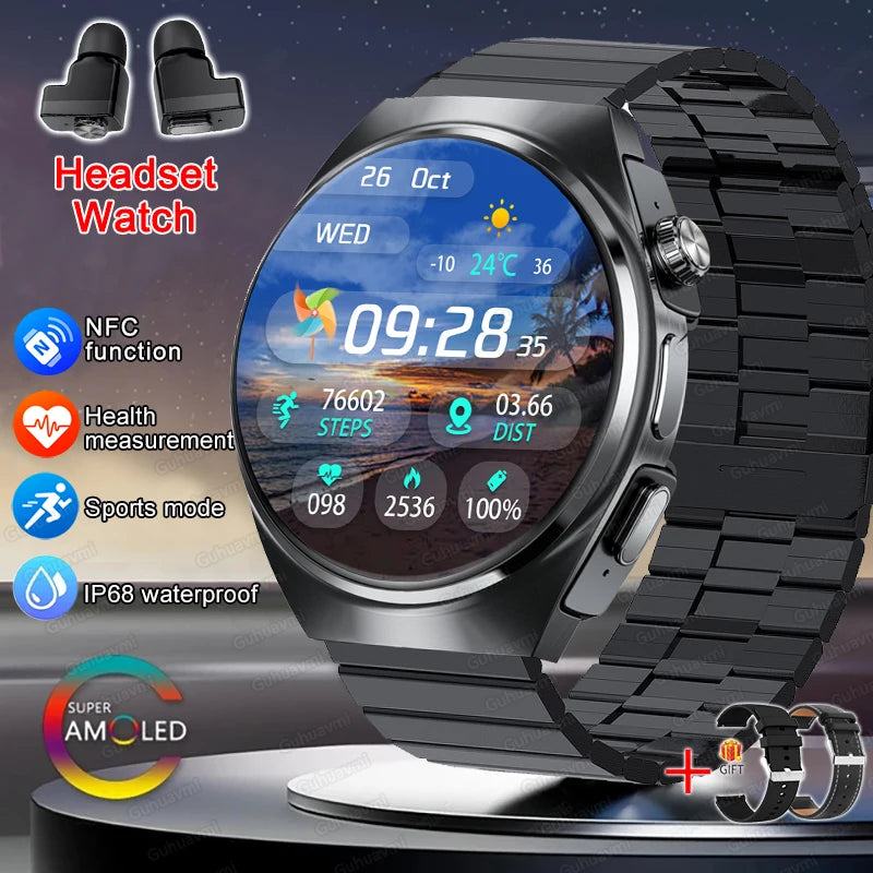 2026 New Man Smart Watch TWS Headset Two In One Wireless Bluetooth Dual Earbuds Call Health Monitor Sport Tracker NFC Smartwatch