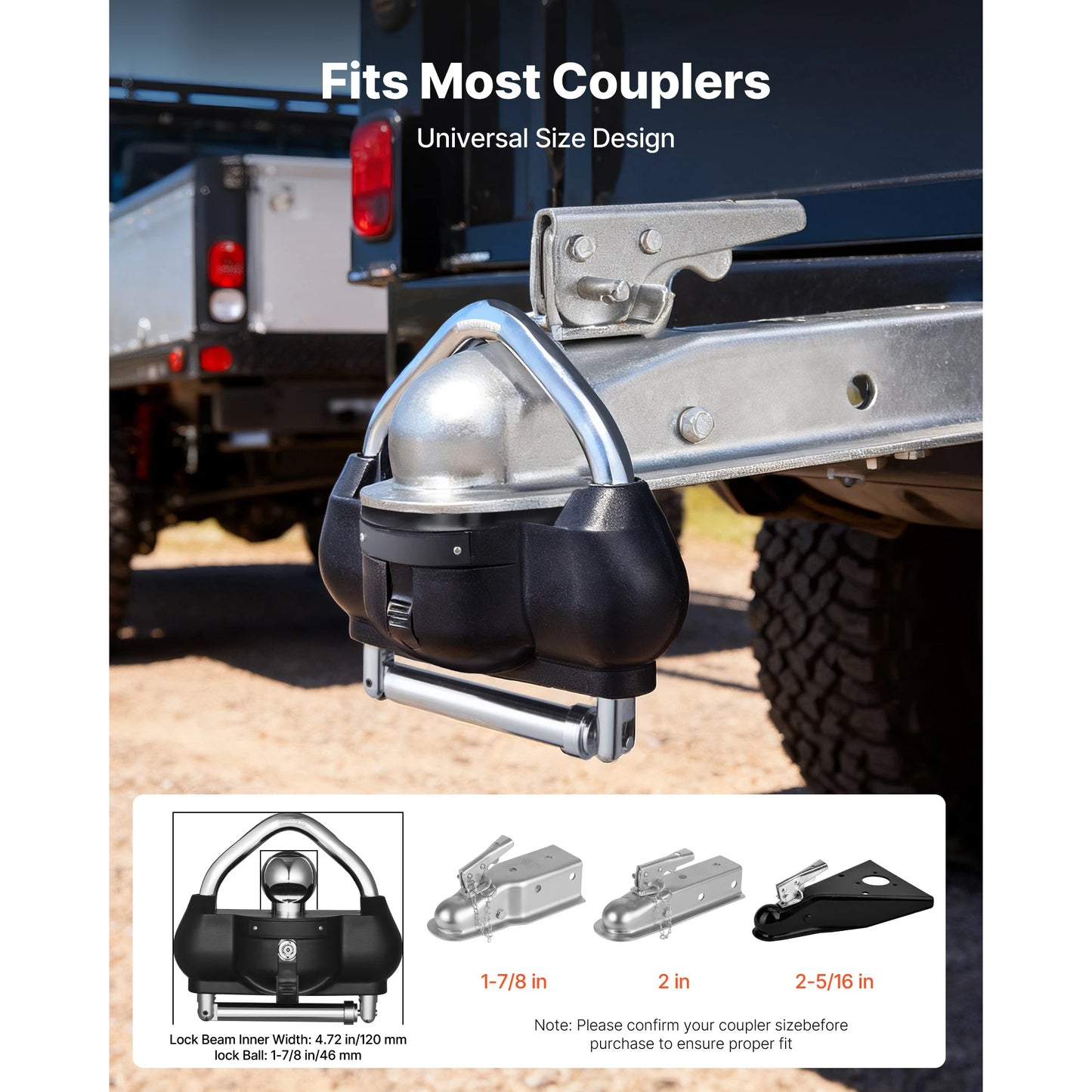 SucceBuy Trailer Hitch Lock Anti-Theft Adjustable Height Trailer Ball Lock Fits 1-7/8 in 2 in 2-5/16 in Couplers for RVs Boats