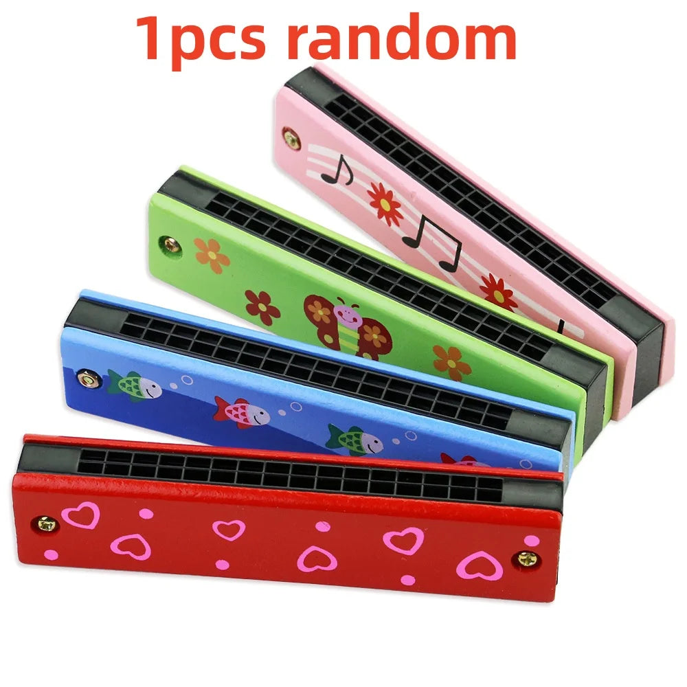 Children's wooden painted harmonica Montessori puzzle toy cartoon pattern children's musical instrument enlightenment music toy