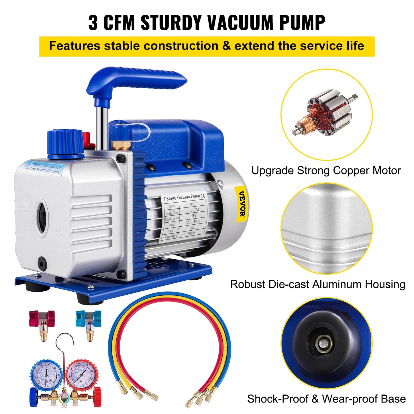 VEVOR 3CFM 84 L/M 1-Stage Refrigerant Vacuum Pump Refrigeration Gauges A/C Air Conditioning 1440 RPM 1/4 HP 3 pcs hoses 800 PSI
