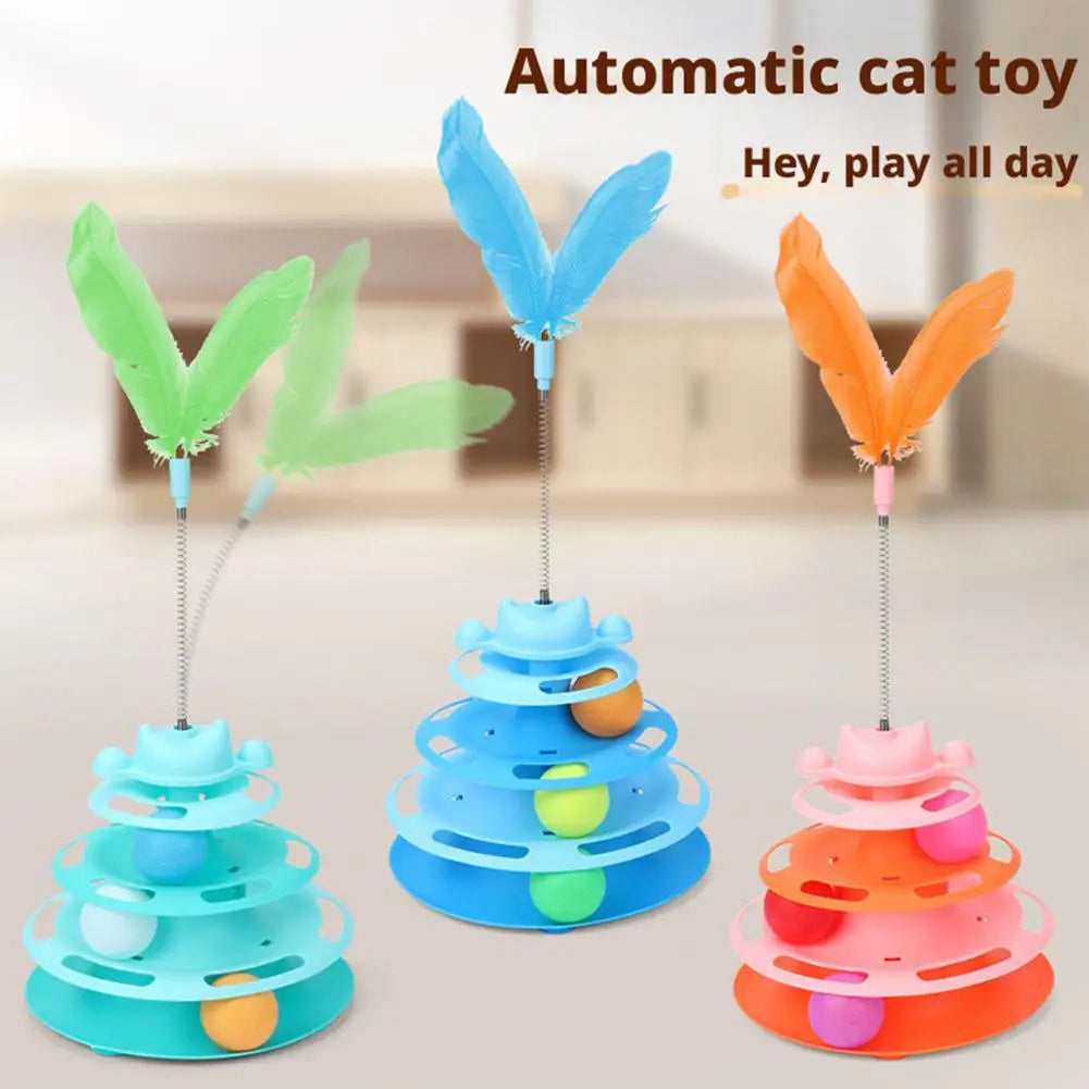 Three-layer Rotating Tower with Ball Pattern Feather Cat Toy Indoor Cat Interactive Fun&Christmas New Year Pet Toys