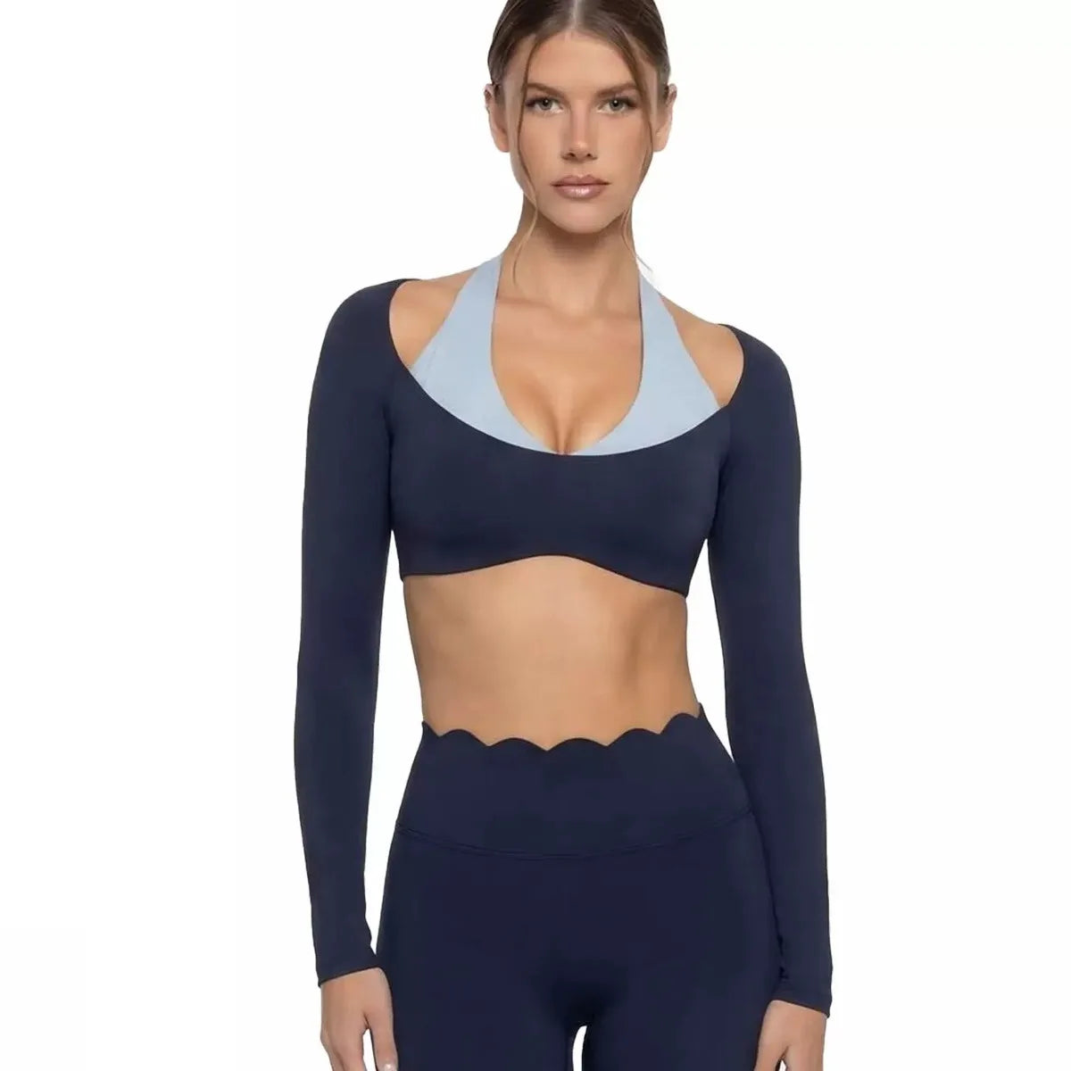 Women's Fake Two-Piece Sports Long Sleeve Halter Neck Pilates Yoga Shirt Slim Fit Fitness Sports Top Leggings Workout Tights