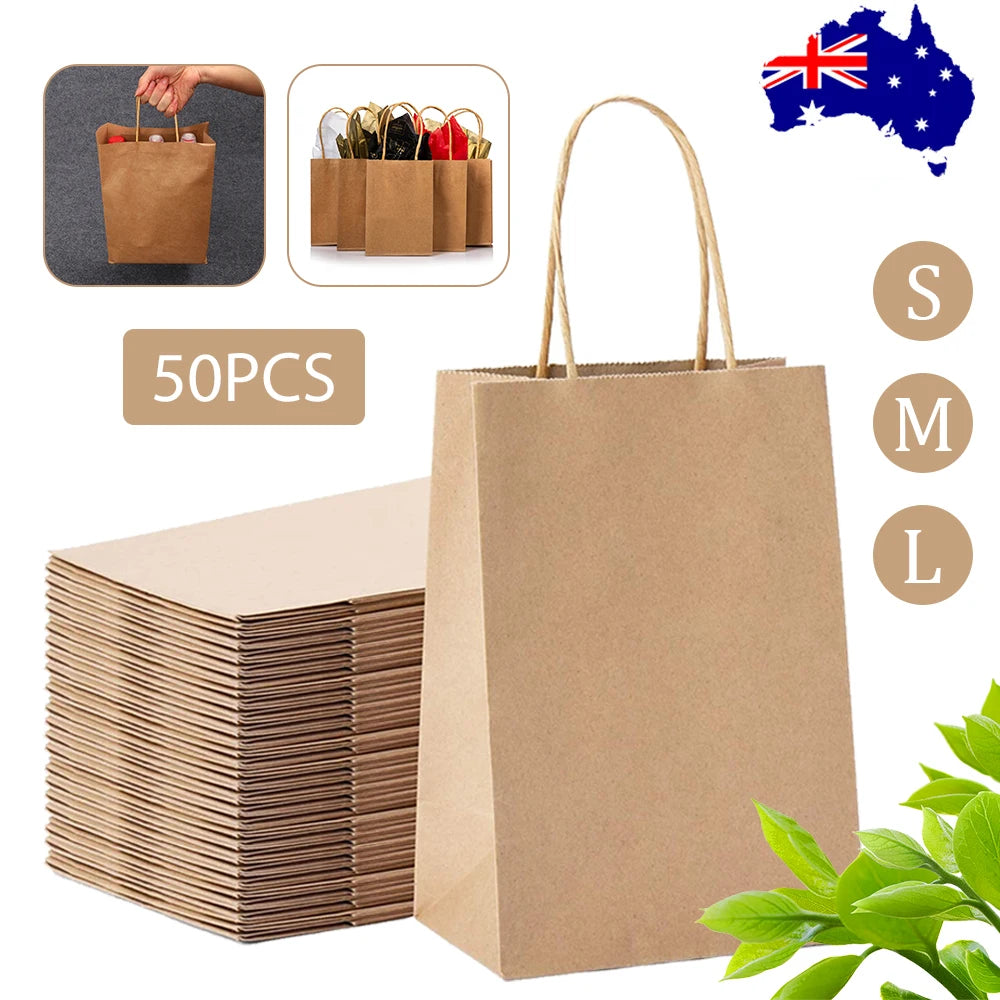 50pcs Bulk Kraft Paper Bags Gift Shopping Carry Craft Brown Bag with Handles AU