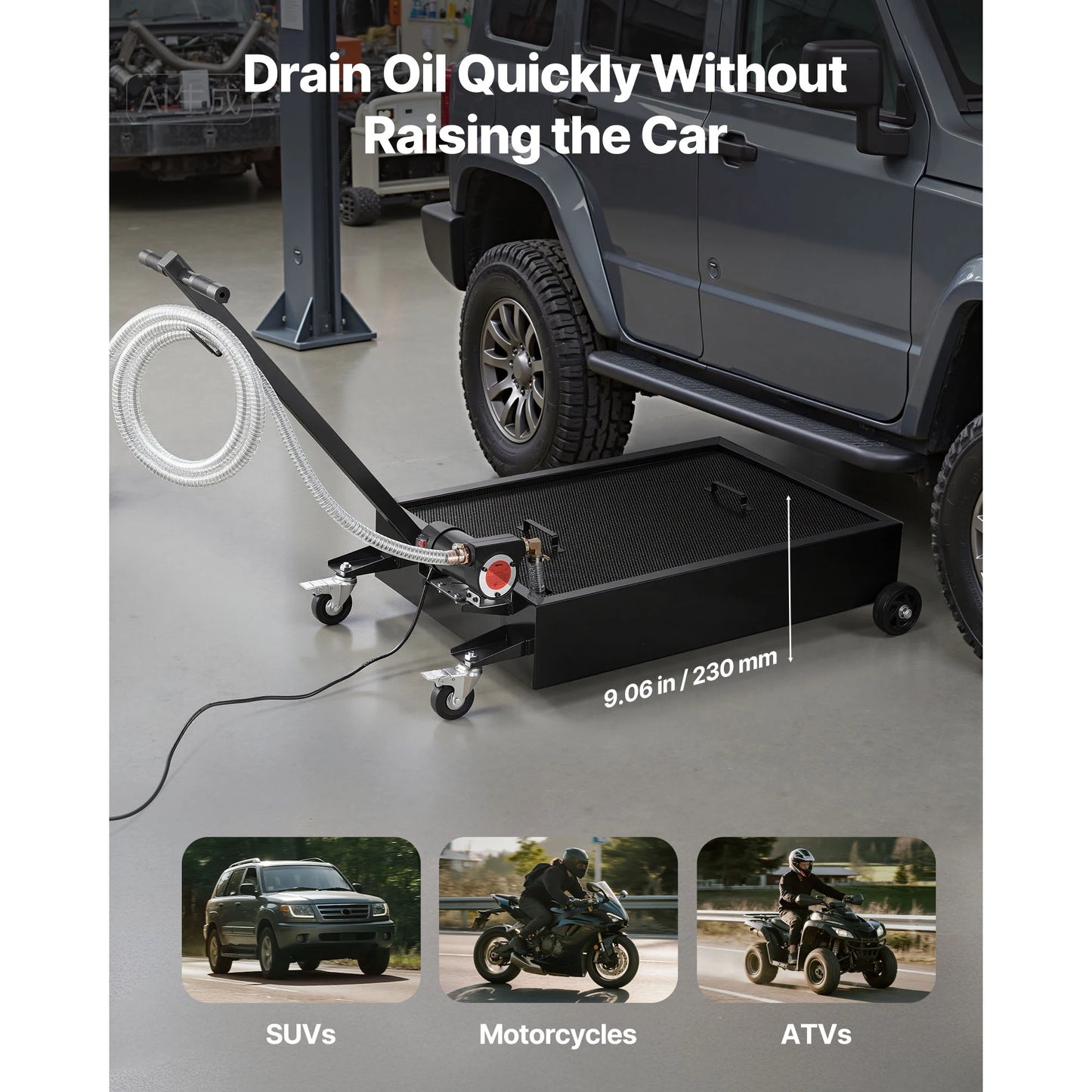 SucceBuy 15/20Gal Low Profile Oil Drain Pan Car Rolling Oil Drain Pan with Electric Pump & 7.2ft Hose for SUV Trucks Motorcycles