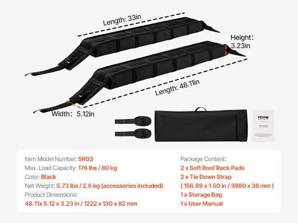 SucceBuy Soft Roof Rack Pads Universal Car Roof Rack Pad Luggage Kayak Carrier with 2 Tie-Down Straps for Canoe Snowboard Paddle