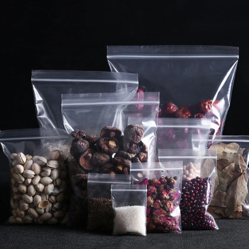 200/100PCS Transparent Zip Bags Food Jewelry Vacuum Storage Bag Plastic Thicken Reclosable Poly Bag Kitchen Organization 2030