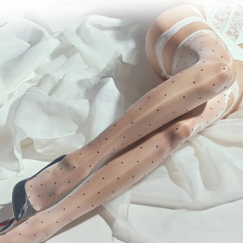 Female Polka Dot Lace Thigh Stockings Sexy 0D Oil Glossy Over Knee Hosiery JK Long Socks High Stocking With Straps Bowknot