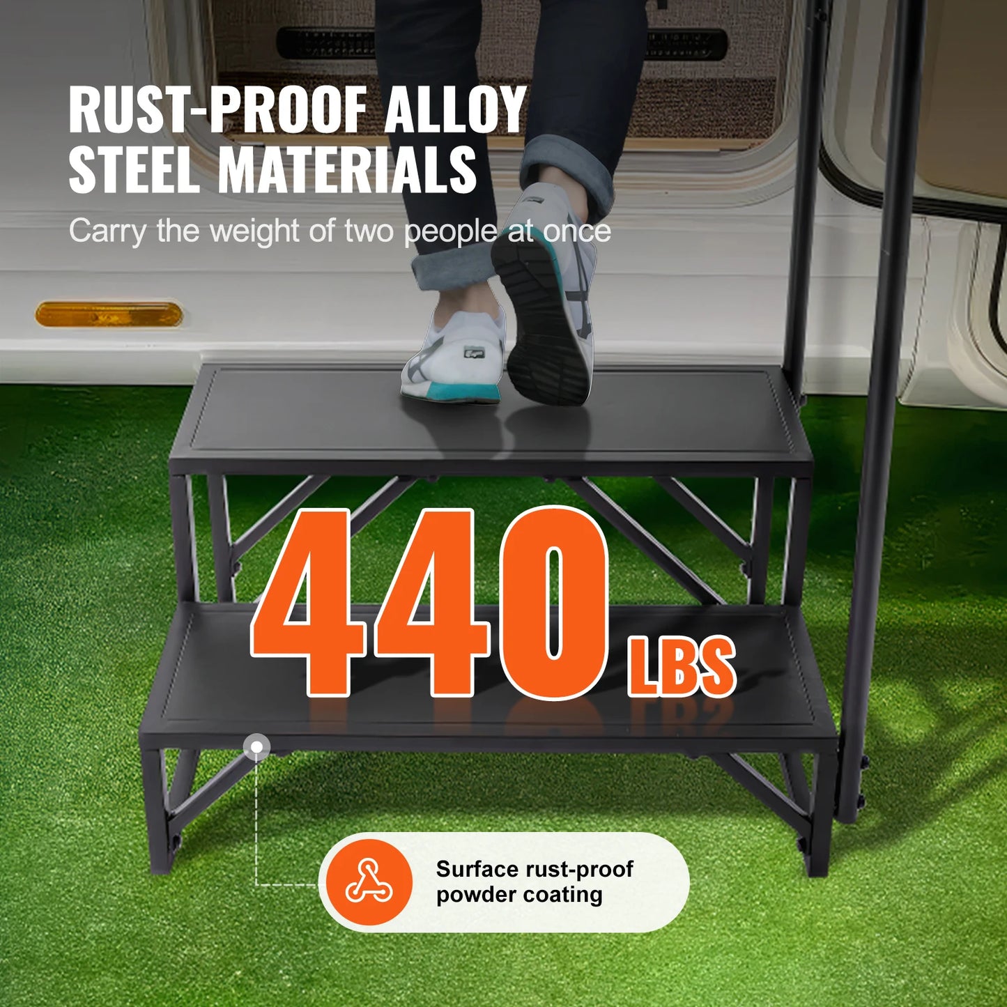 SucceBuy RV Steps 2-Step RV Stairs 440LBS Load Capacity Thickened Carbon Steel With Handrail Non-Slip Steps for Safe Entry Exit