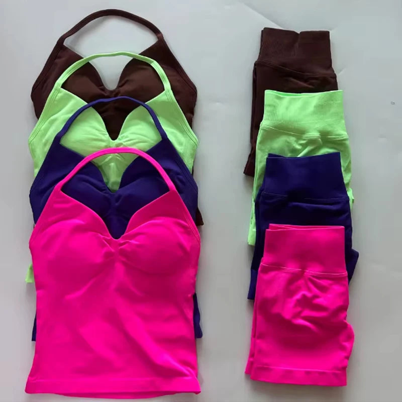 Cavendi 2 Pieces impact gym Halter top seamless shorts Women Yoga outfits Sportswear Sports Suits Fitness Top Gym set