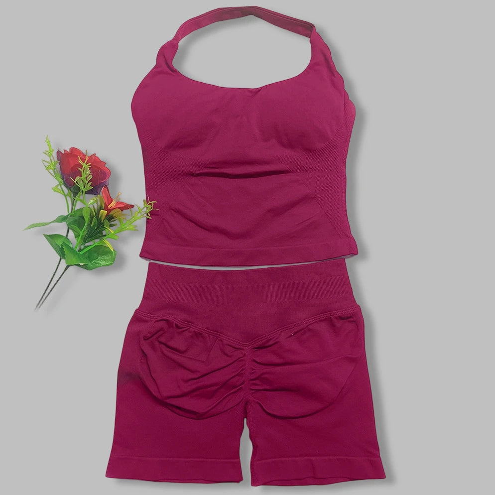 yoga outfits Women 2 pcs Sports DF Impact Set halterneck Backless Halter Top Seamless Scrunch Shorts Gym Workout Sports Suits