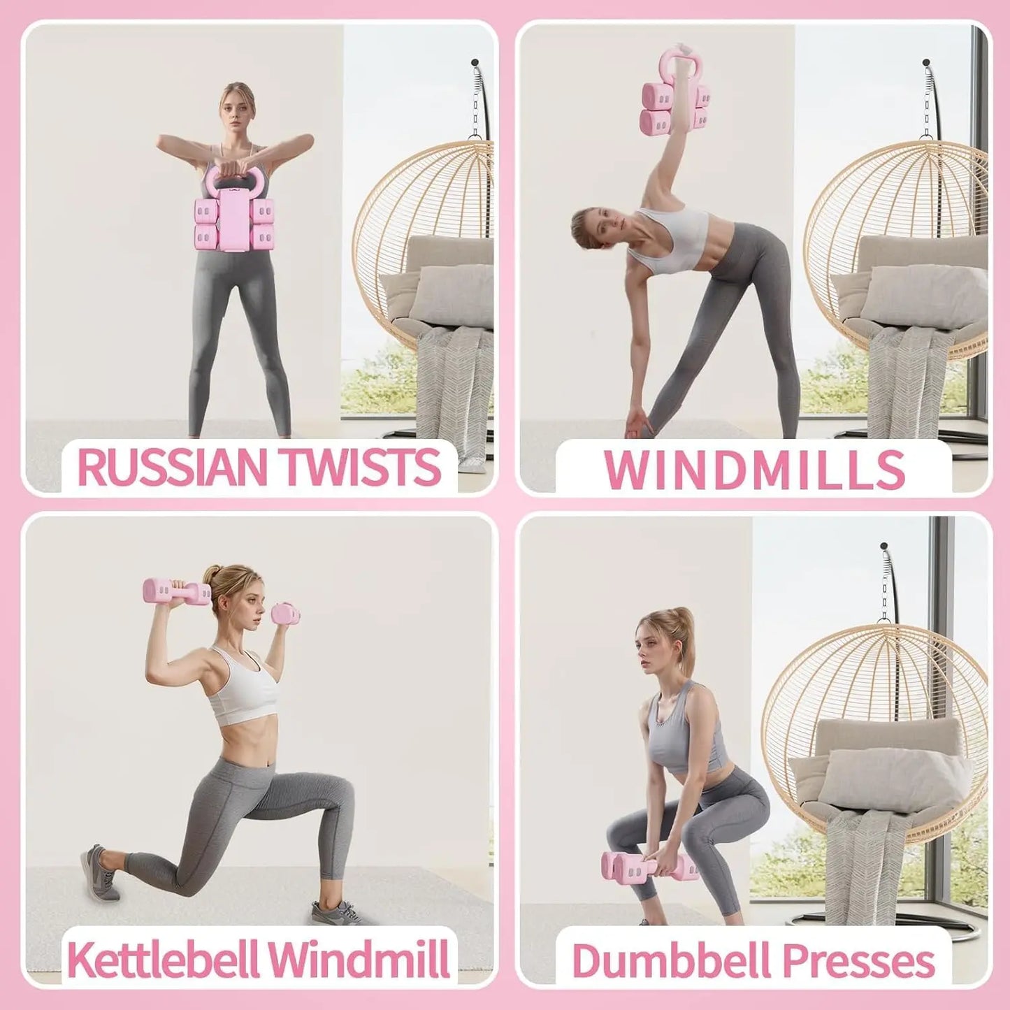 Adjustable Kettlebell and Dumbbell Set, 4-in-1 Convertible 5.5-12.1lbs Kettlebell & 2.2-5.5lbs Dumbbells for Women Home Gym
