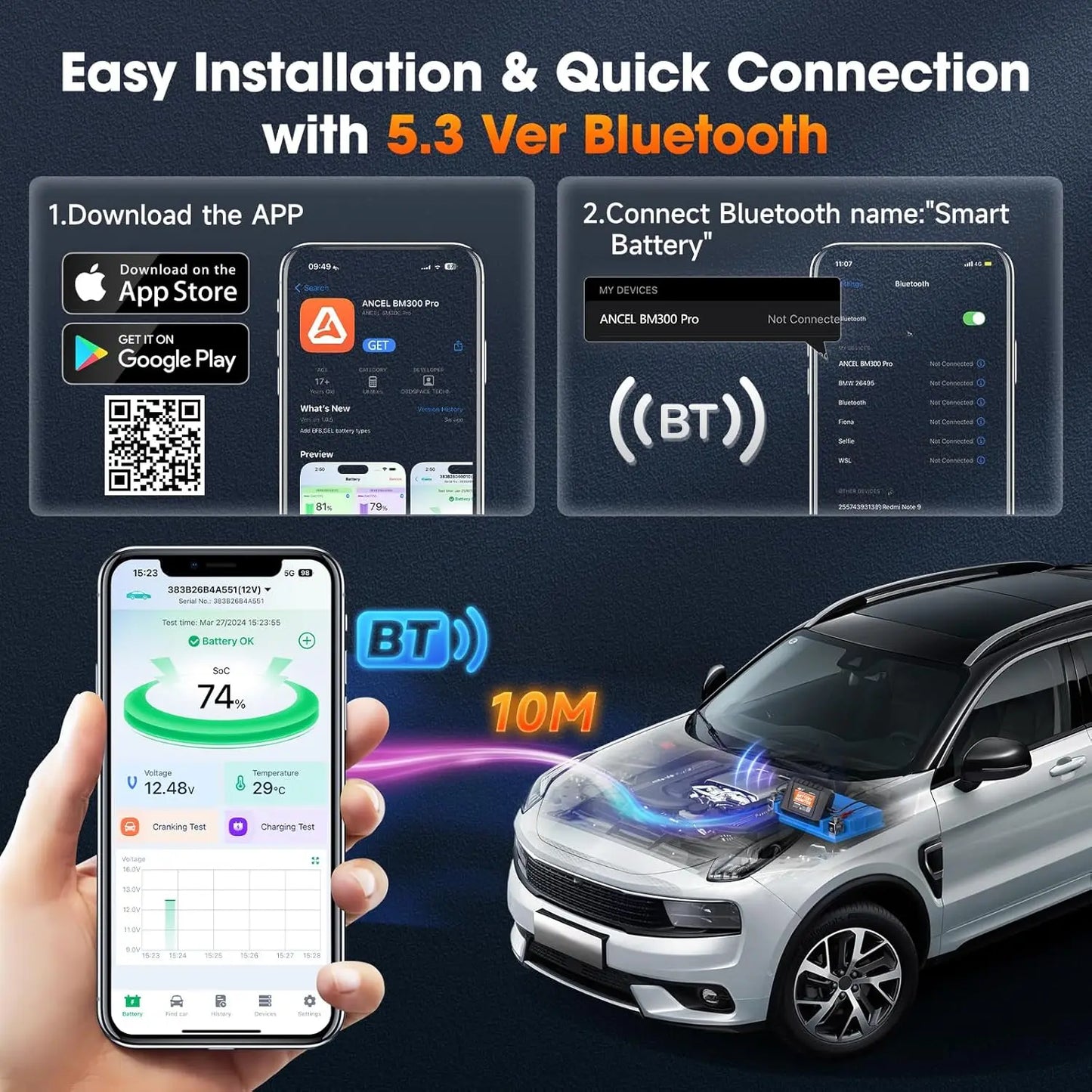 ANCEL BM300 PRO Bluetooth Battery Monitor Tester 6V/12V/24V Car Motorcycle Cranking/Charging Battery System Analyzer Test Tools