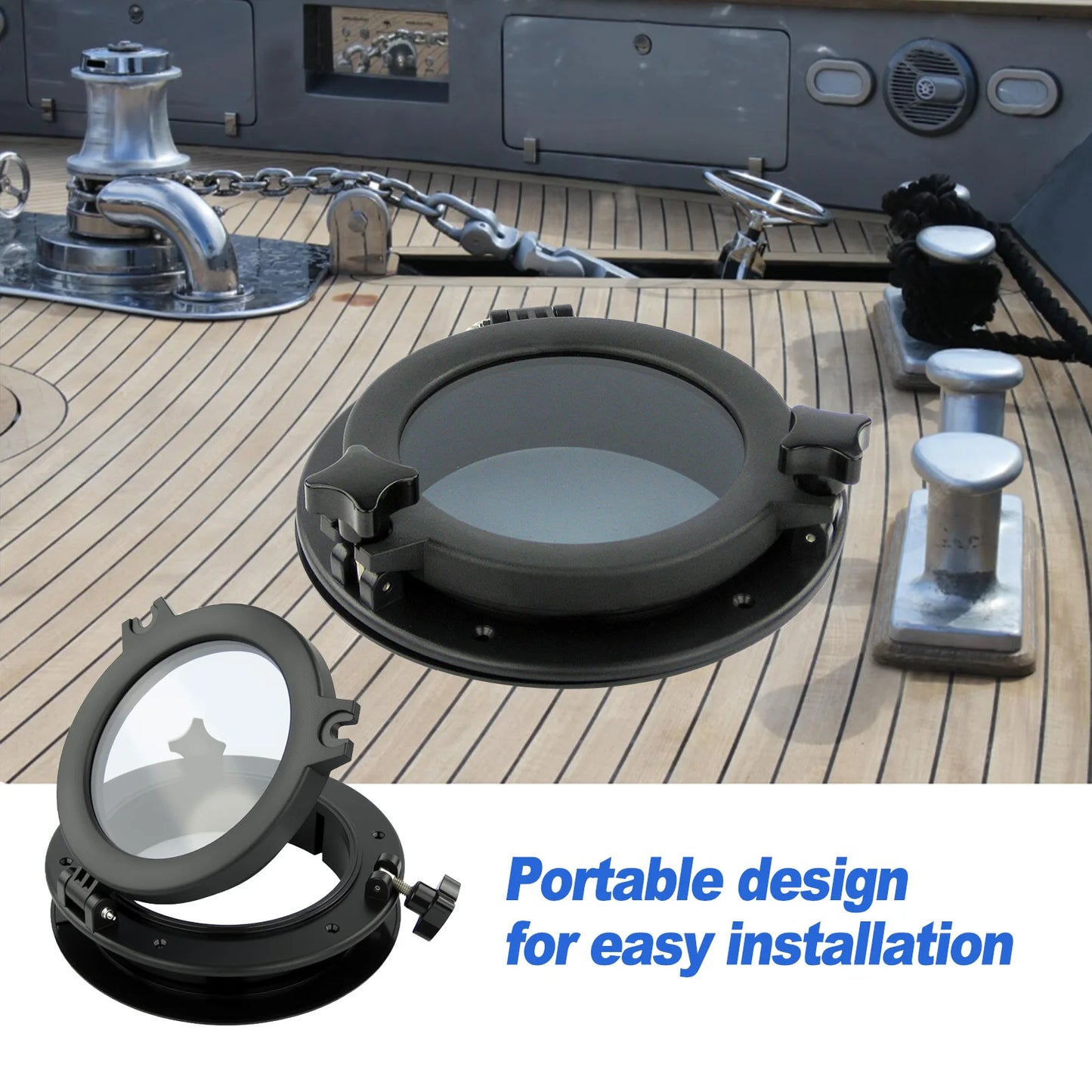8" Round Marine Boat Hatch Portlight Window – Black ABS Frame with Tempered Glass for Yacht RV Cabin Ventilation
