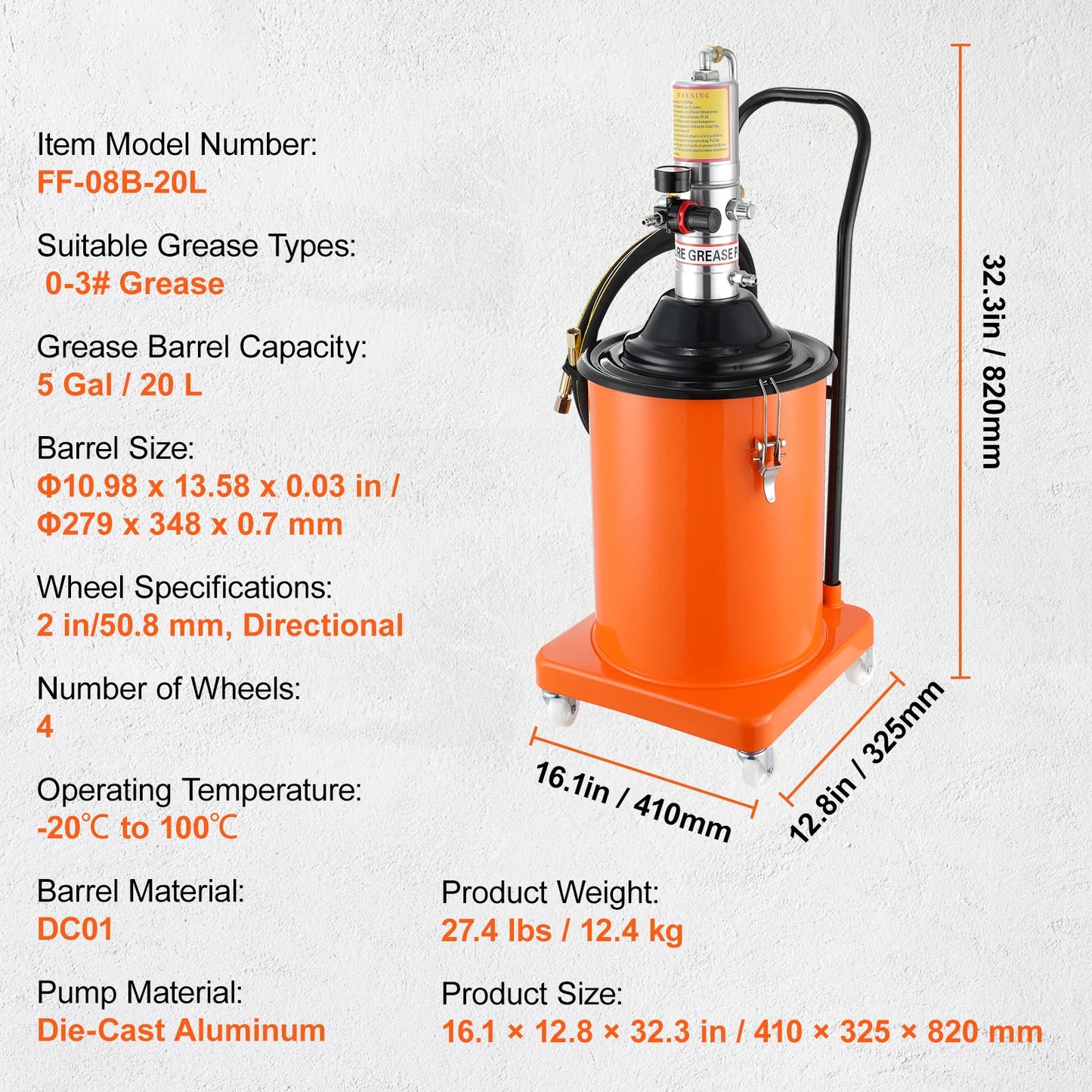 SucceBuy 3/5/10 Gallon Grease Pump Air Operated with Hose Pneumatic Grease Bucket Gun and Wheels to Cars 50:1 Pressure Ratio