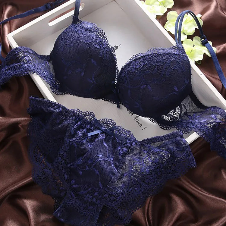 European Style Sexy Bra Set Women Cotton Underwear Sexy Lace Panties Female Push Up Brassiere Fashion Solid Color Lingerie Set