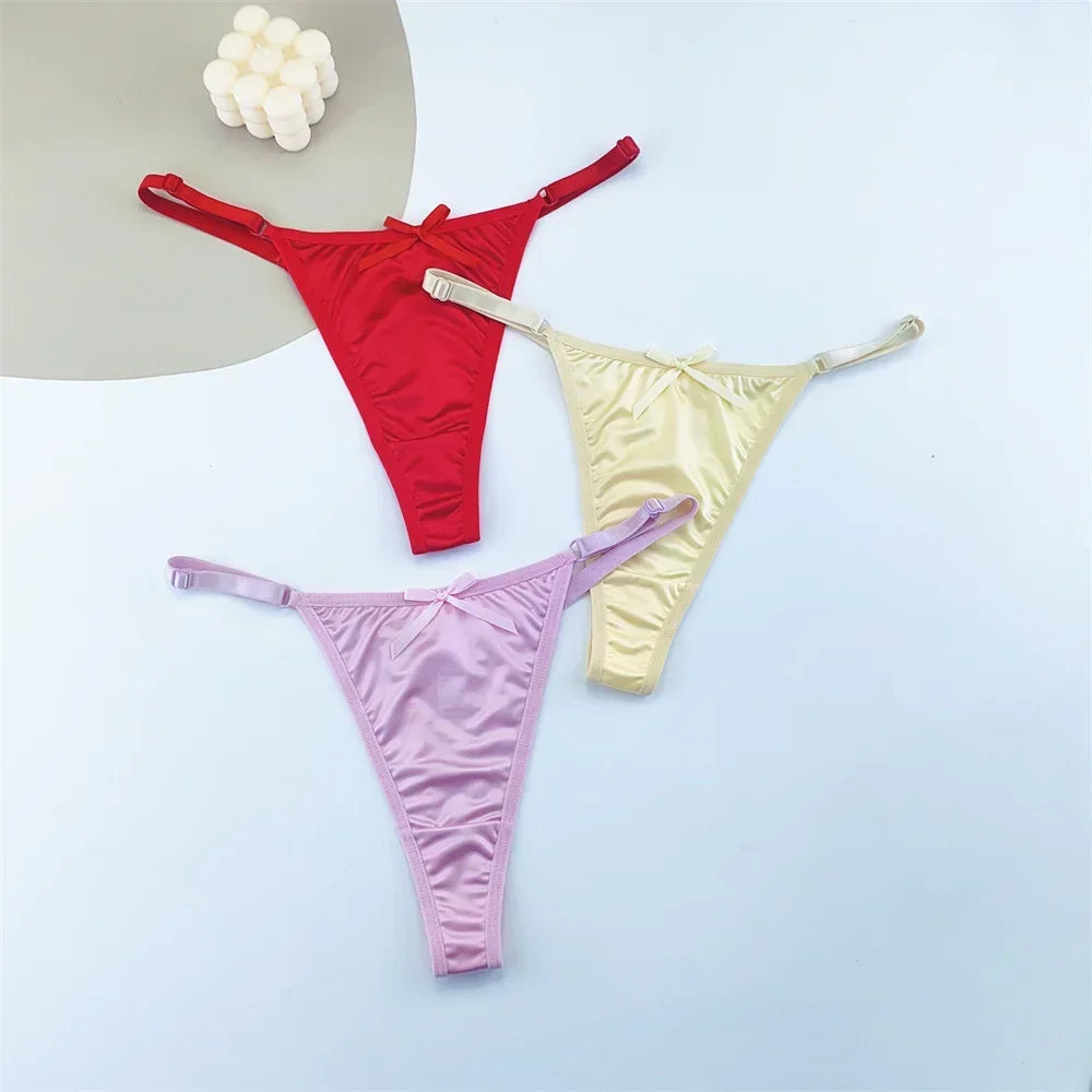 3PCS Adjustable Satin Thong Women Sexy G-string Underwear Low Waist T Back Peach Buttocks Tempting Sexy Bow Lingerie