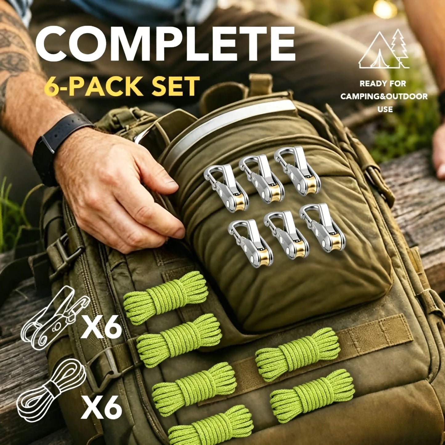 Rope fasteners and tensioners - High-strength retractable paracord with alloy carabiners and windproof binding straps