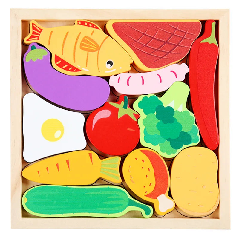 Hot New 3D Puzzle Wooden Toys Baby Learning Educational Hand Grasp Board Cartoon Animal Fruit and Vegetable Jigsaw Toy Gifts