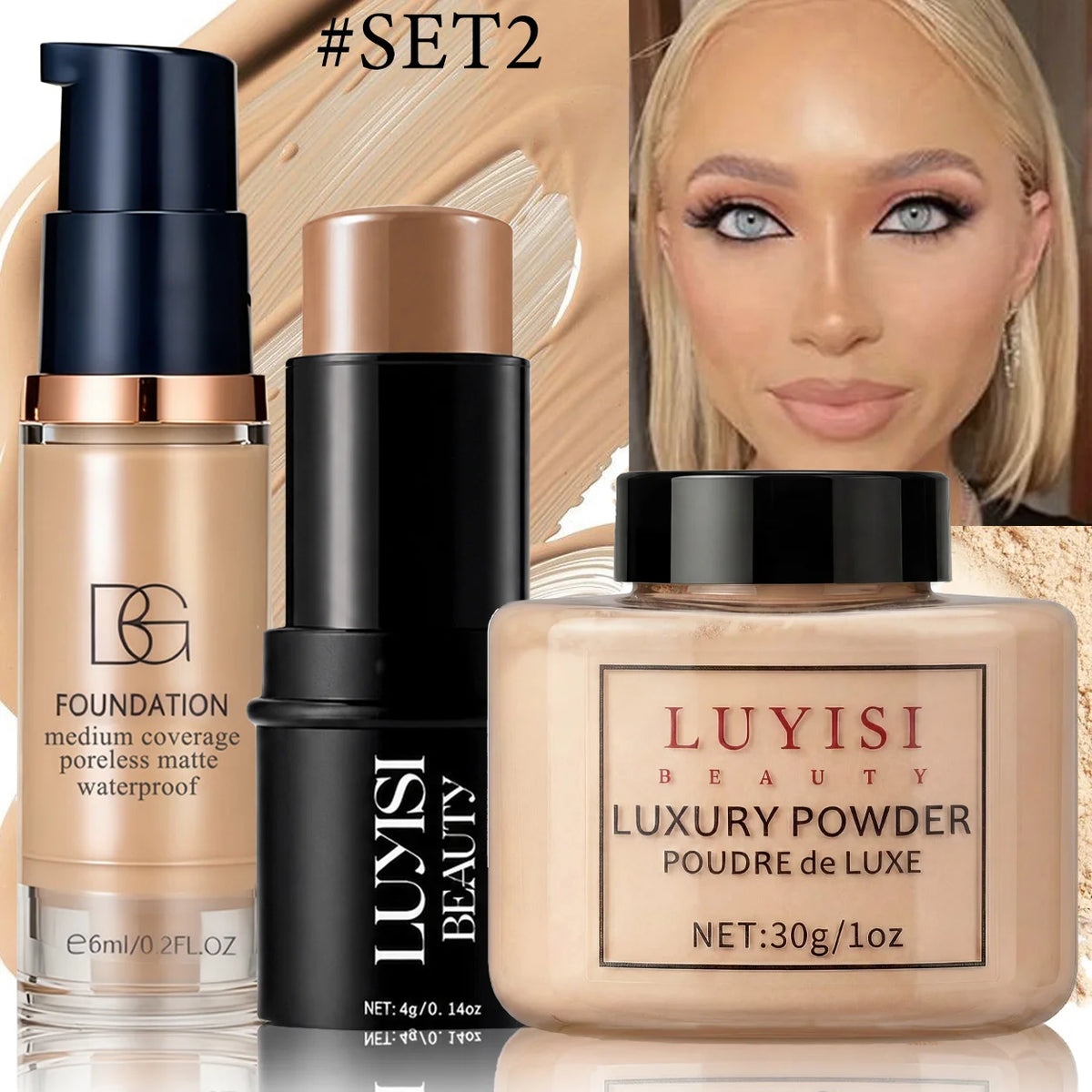Facial Makeup Set:1PC Matte Foundation+1PC Contouring Stick+1PC Oil-Control Powder,Full Coverage,Waterproof And Sweatproof.