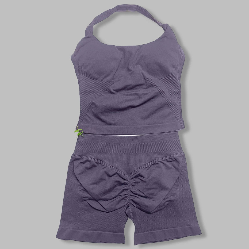 yoga outfits Women 2 pcs Sports DF Impact Set halterneck Backless Halter Top Seamless Scrunch Shorts Gym Workout Sports Suits