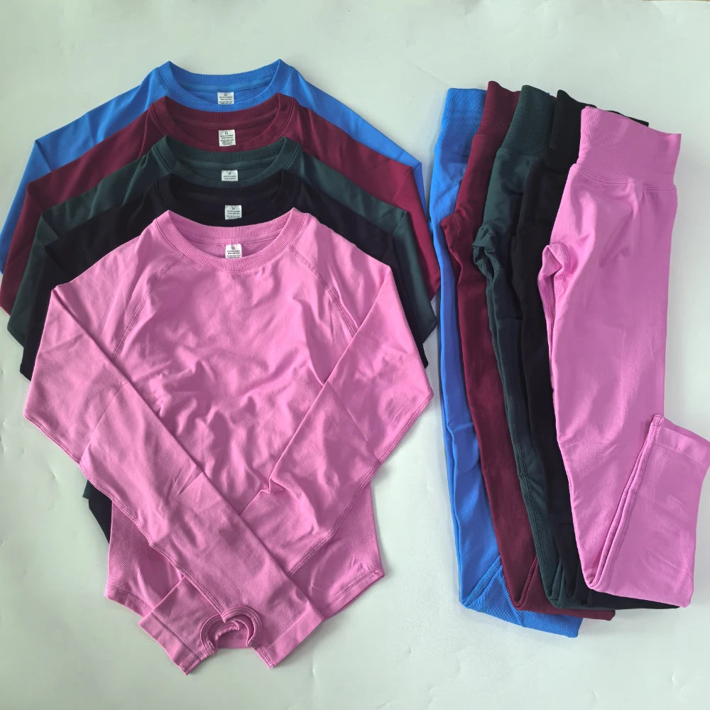 2 Pieces Legging Set Women Seamless Long Sleeve Gym Crop Top High Waist Gym Leggings Sports Set Fitness Clothes Workout Yoga Set