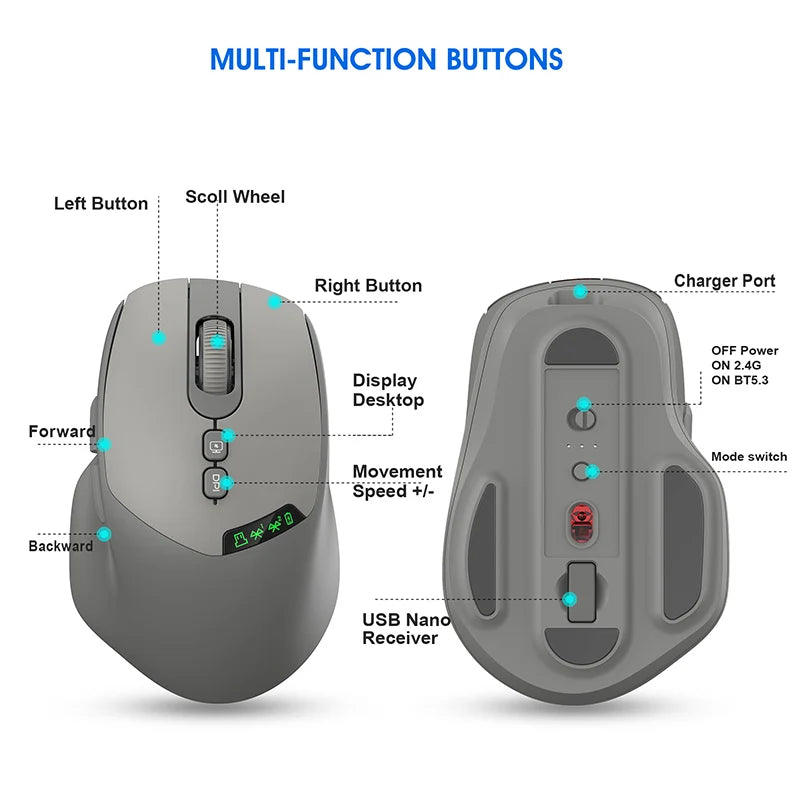 T02 Silent Dual-mode Wireless Mouse with Bluetooth 2.4G, DPI Adjustment, 500mAh Battery, Display Screen for PC Laptop