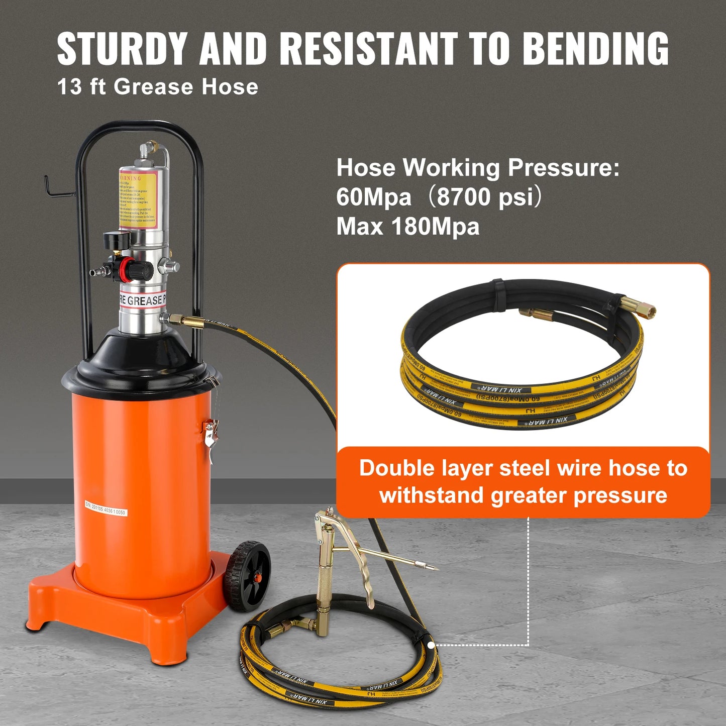 SucceBuy 3/5/10 Gallon Grease Pump Air Operated with Hose Pneumatic Grease Bucket Gun and Wheels for Cars 50:1 Pressure Ratio