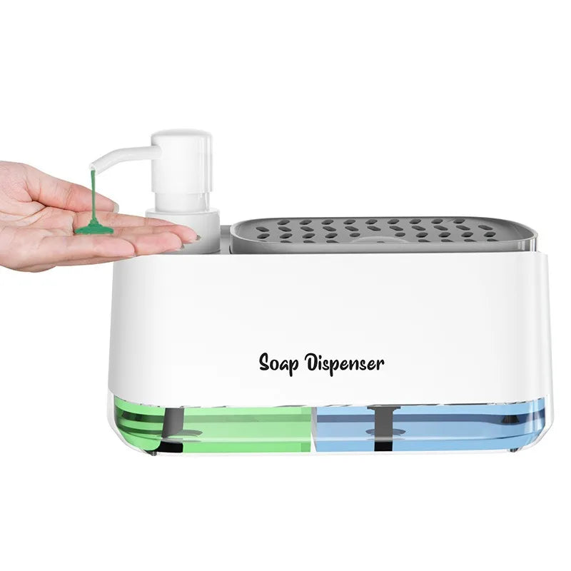 Dual Pump Soap Dispenser Set 3-in-1 Kitchen Organizer with Sponge Storage Box for Sink and Countertop Compact Cleaning Solution