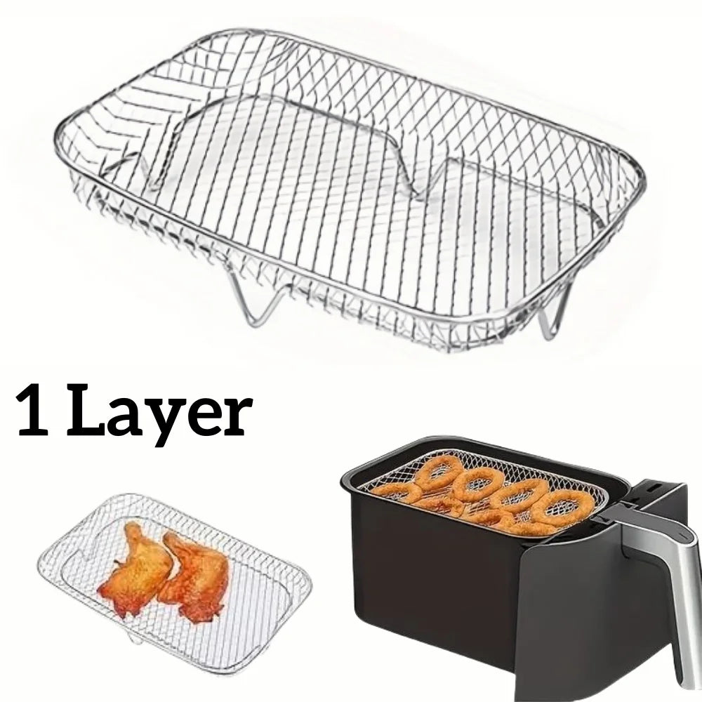 1/3Layer Stainless Steel Air Fryer Accessories Stackable BBQ Grill Rack Food Frying Basket Multipurpose for Baking Cooking Tool
