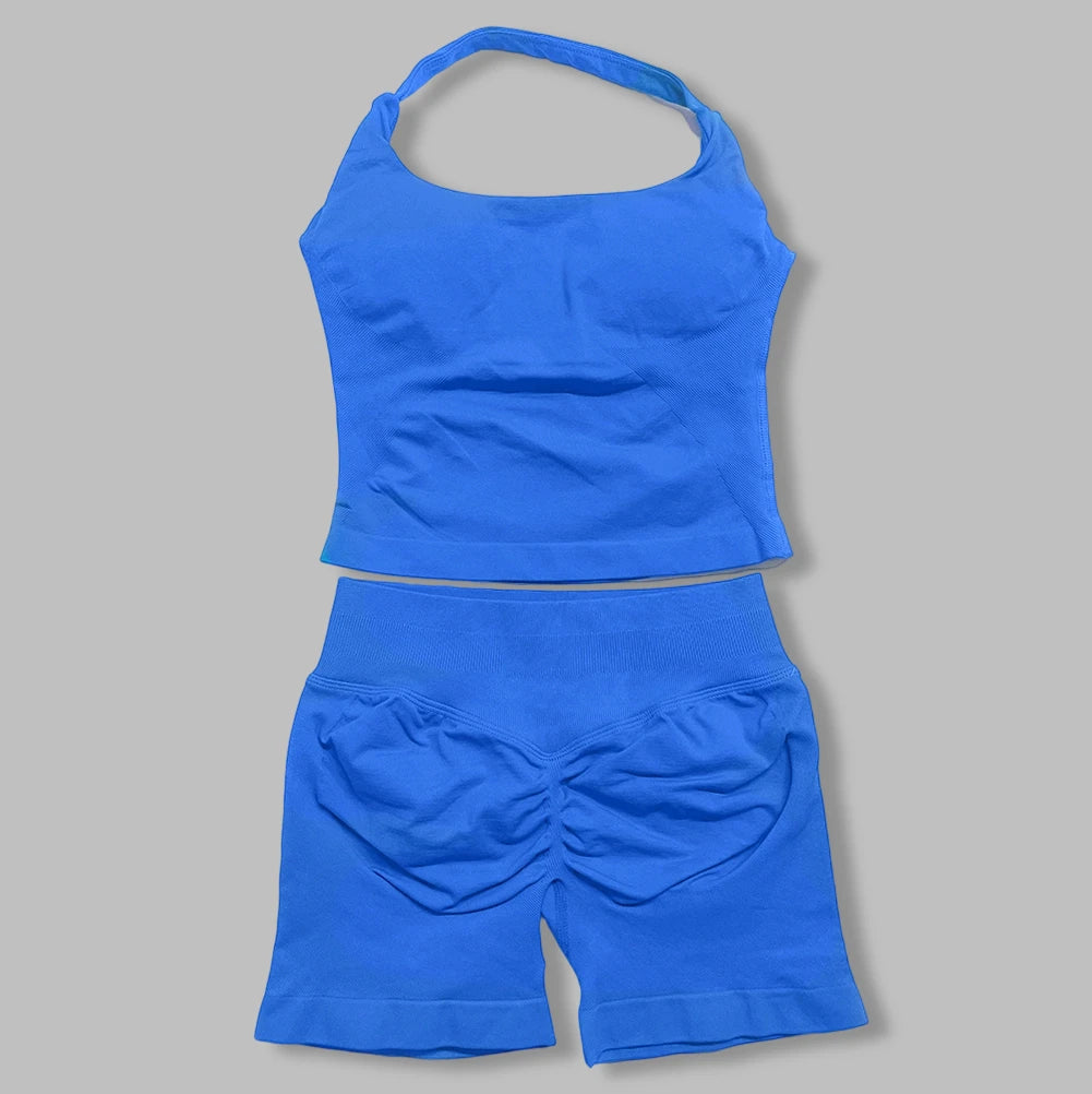yoga outfits Women 2 pcs Sports DF Impact Set halterneck Backless Halter Top Seamless Scrunch Shorts Gym Workout Sports Suits
