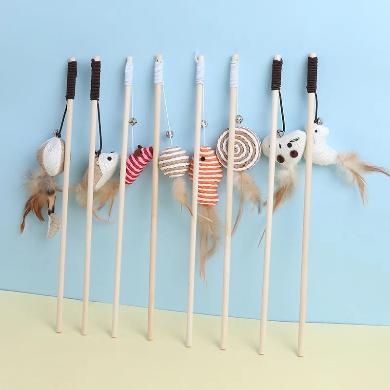 New Mouse Wooden Teasing Cat Rod Cat Toy Pet Supplies Feather Bell Wooden Rod Teasing Cat Stick