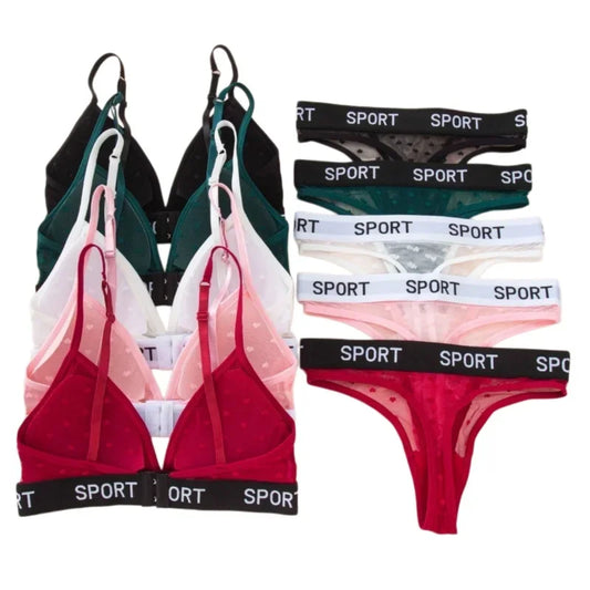Women Lace Bra And Panties Set Sheer Polka Dot Lingerie Non-wire Bralette Sexy Low Rise Thongs Letter Band Mesh Underwear Set