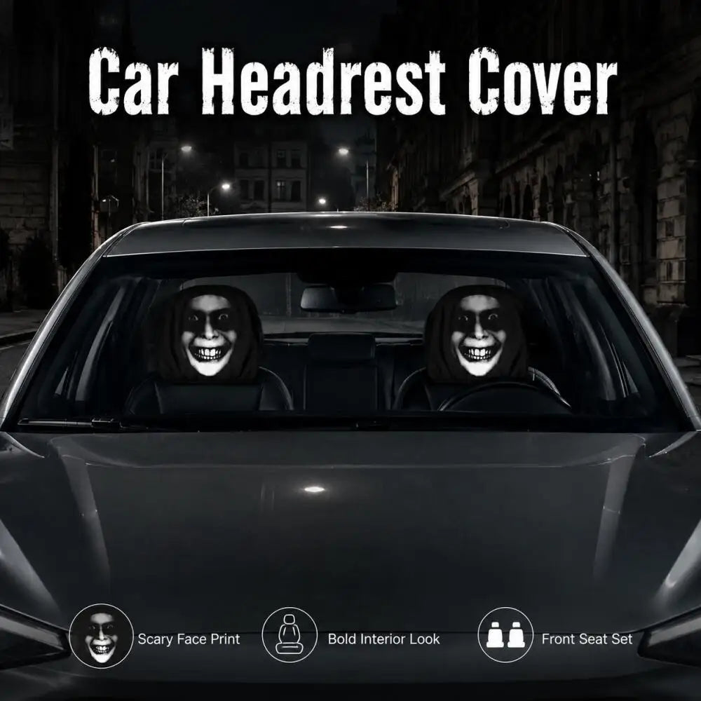2PCS Scary Smile Face Car Headrest Covers Horror Grinning Print Black Auto Headrest Protector Universal Halloween Decor