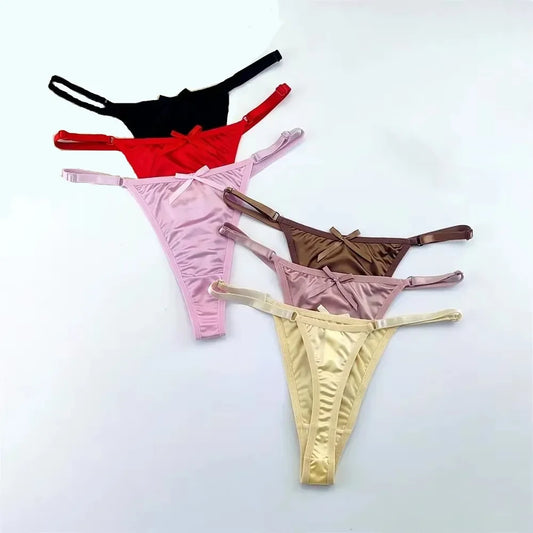 3PCS Adjustable Satin Thong Women Sexy G-string Underwear Low Waist T Back Peach Buttocks Tempting Sexy Bow Lingerie