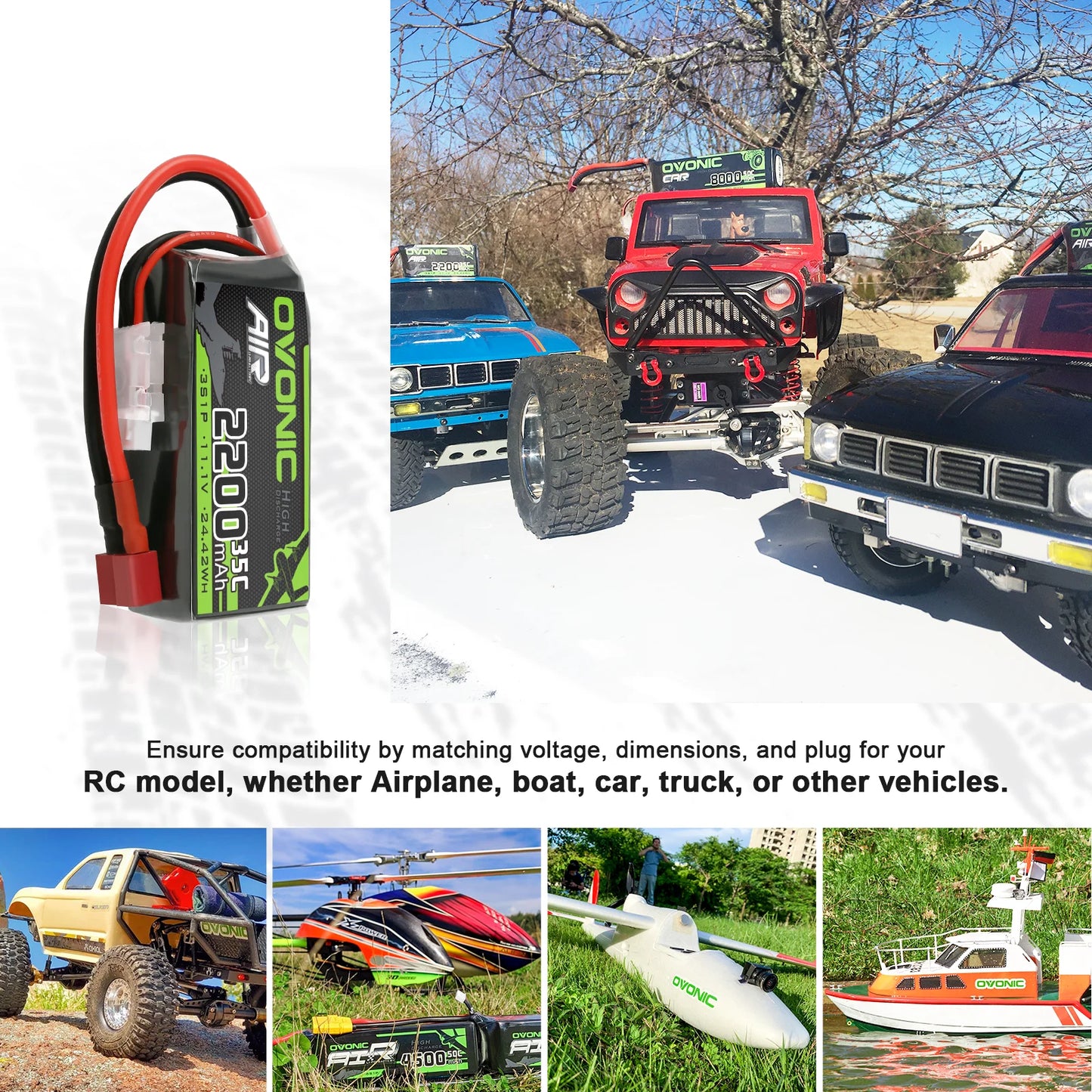 OVONIC 3S 2200mAh 11.1V 35C Shorty LiPo Battery XT60/T-Plug for RC 1/14 Cars Planes Helicopters (2 Pack)