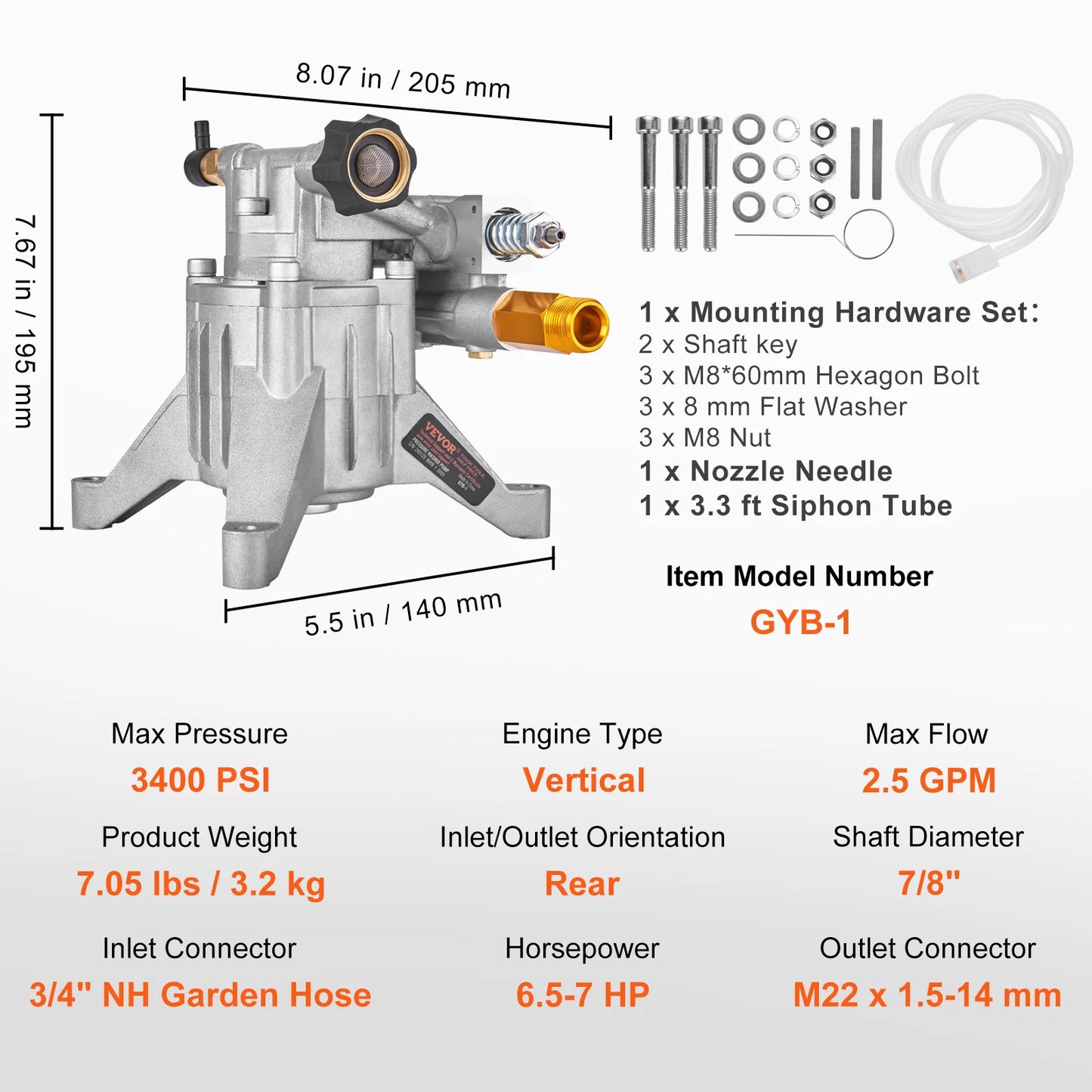 SucceBuy Pressure Washer Pump 7/8" Shaft Vertical 3400 PSI 2.5 GPM Replacement Power Washer Pumps Compatible with Honda, Simpson