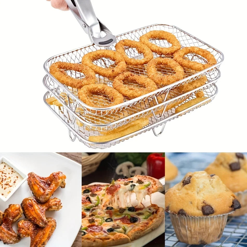 1/3Layer Stainless Steel Air Fryer Accessories Stackable BBQ Grill Rack Food Frying Basket Multipurpose for Baking Cooking Tool