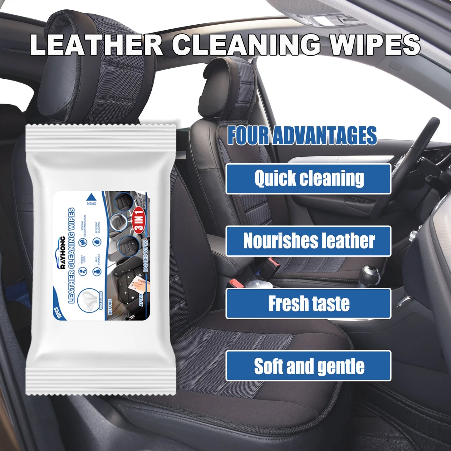 Rayhong 3in1 Interior Car Cleaning Wipes for Dashboard Cleaner Plastic Steering Wheel Screen Quick Detailer Auto Interior 10PCS