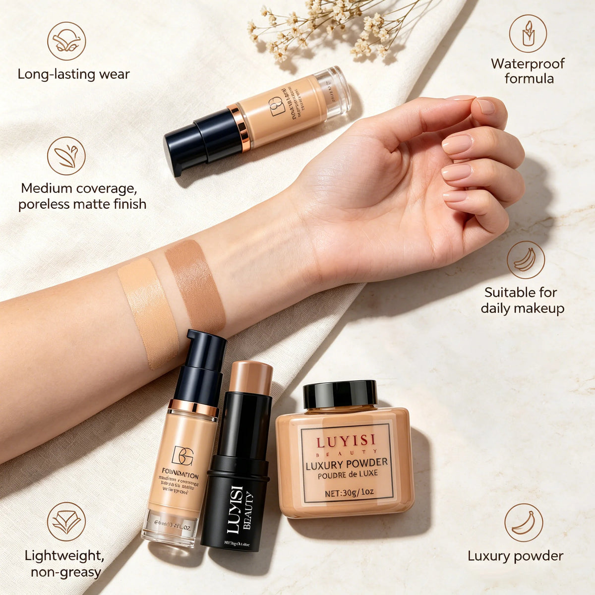 Facial Makeup Set:1PC Matte Foundation+1PC Contouring Stick+1PC Oil-Control Powder,Full Coverage,Waterproof And Sweatproof.