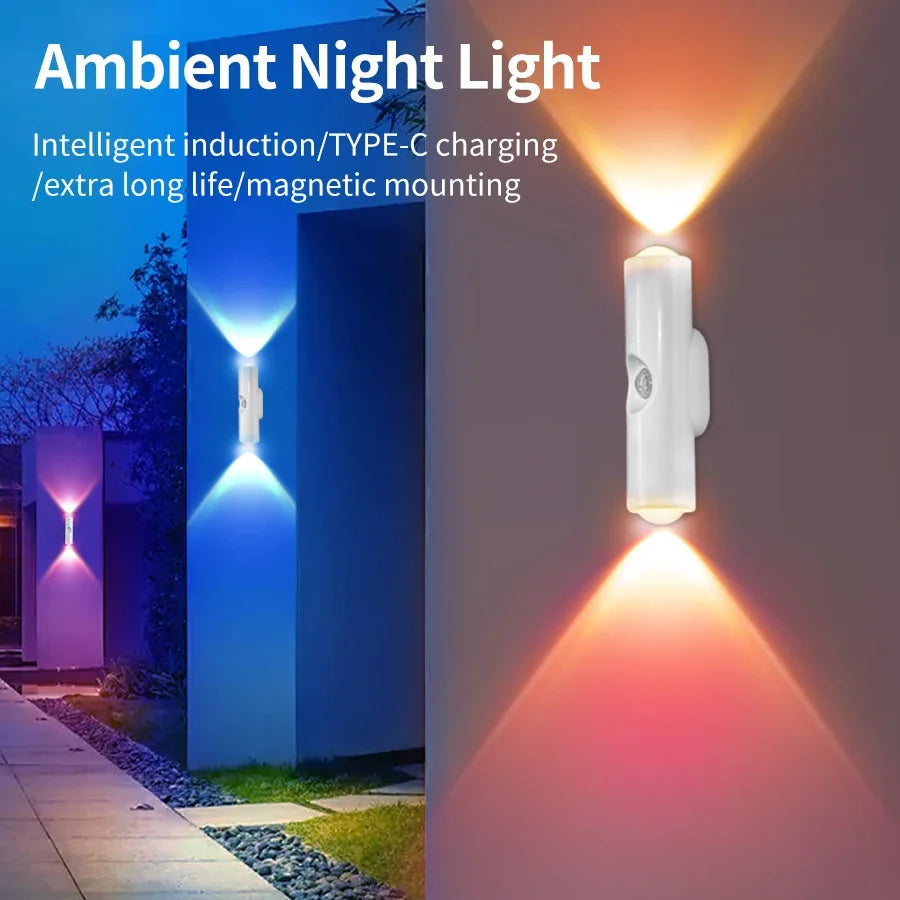 Motion Sensor RGB Double-head LED Night Light Rechargeable Magnetic Wall Lamp Mood Ambient Light for Cabinet Hallway Stair Light