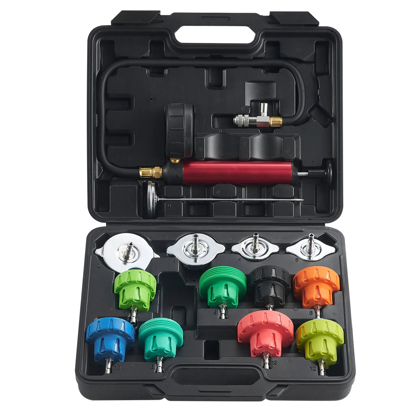 SucceBuy Universal Radiator Pressure Tester Kit Manual Pump Color-coded Steel Test Cap Adapters Toolbox For Car Motorcycle Truck